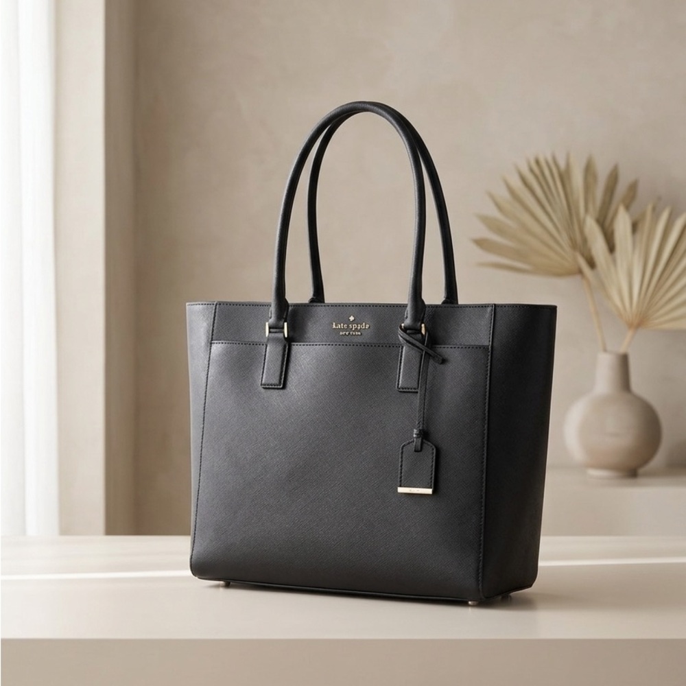 kate spade Cameron Street Havana Saffiano Black Leather Tote with Gold Accent